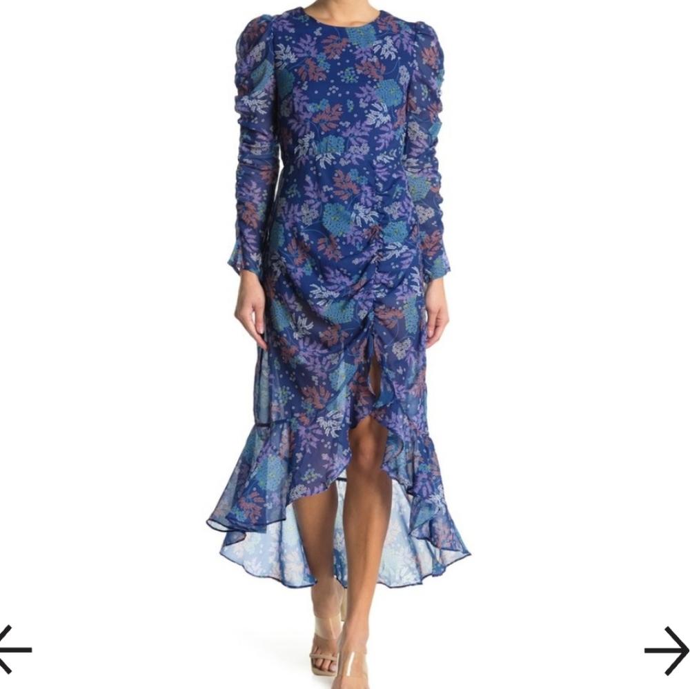 NSR Eva Floral Ruched Midi Dress, long sleeve,  blue size L.